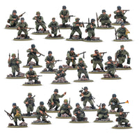 Warlord Games 402013103 German Veteran Infantry Platoon painted assembly examples, front view; 30-model kit supplied unassembled and unpainted.