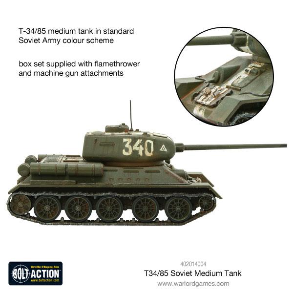 Warlord Games 402014004 T-34/85 medium tank assembled and painted in Soviet green; single tank kit supplied unassembled and unpainted.