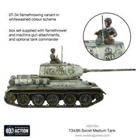 Warlord Games 402014004 T-34/85 kit assembled as a whitewashed OT-34 flamethrower variant with commander; painted example.