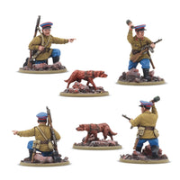 Warlord Games 402014008 Soviet Army Infantry Platoon NKVD figure options and dog, front and rear painted examples.