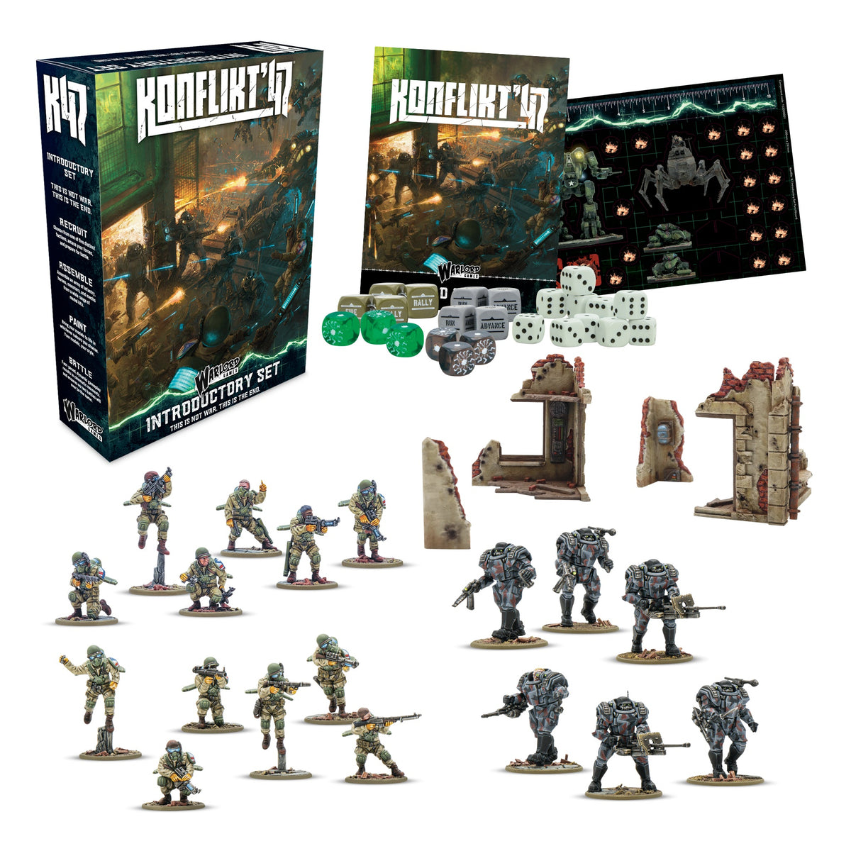 Warlord Games 452610008 Konflikt '47 Introductory Set box and contents; miniatures and terrain shown assembled and painted.