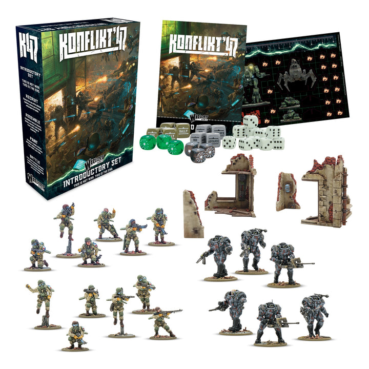 Warlord Games 452610008 Konflikt '47 Introductory Set box and contents; miniatures and terrain shown assembled and painted.