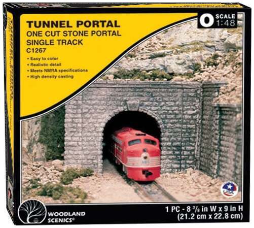 Woodland Scenics C1267 O scale cut-stone single-track tunnel portal retail package; one unfinished portal