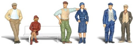 Woodland Scenics A2732 O scale Bystanders, painted miniature set. Benches are placement examples and are not included.
