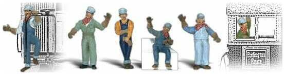 Woodland Scenics A2733 O scale Engineers, painted miniature set. Train and seat are placement examples and are not included.
