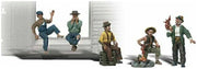 Woodland Scenics A2734 O scale Hobos, painted miniature set. Railroad car is a placement example and is not included.