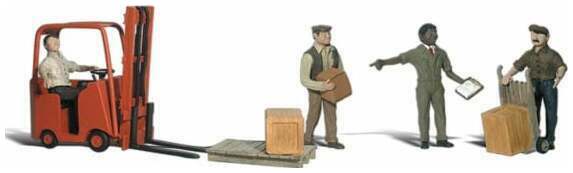 Woodland Scenics A2744 O scale Workers and Forklift, painted miniature set.