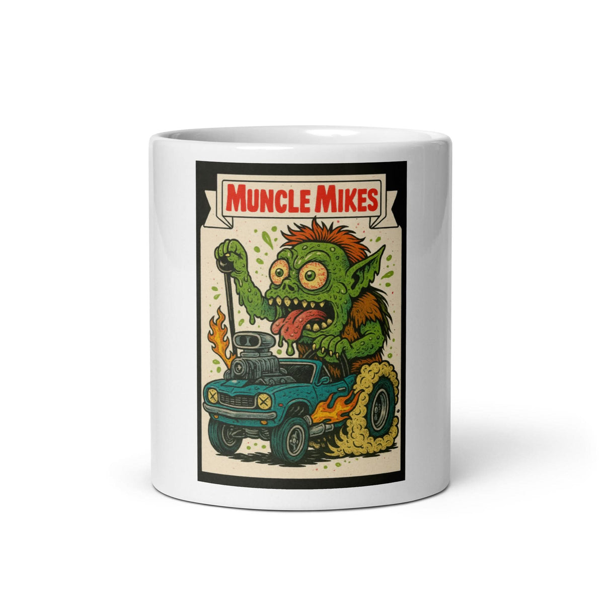 Front view of white 11 oz Monster Mugs 004 ceramic coffee mug