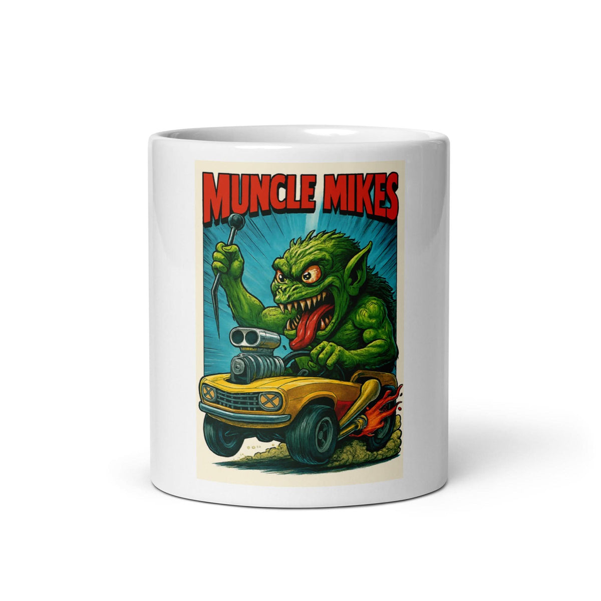 Front view of white 11 oz Monster Mugs 005 ceramic coffee mug