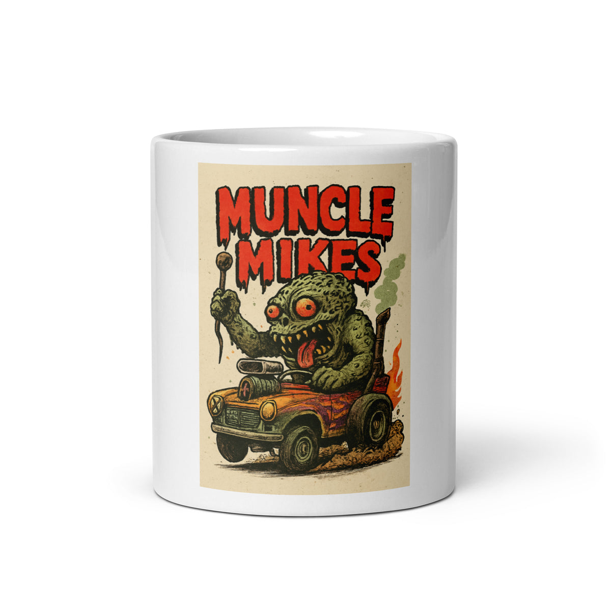 Front view of white 11 oz Monster Mugs 009 ceramic coffee mug