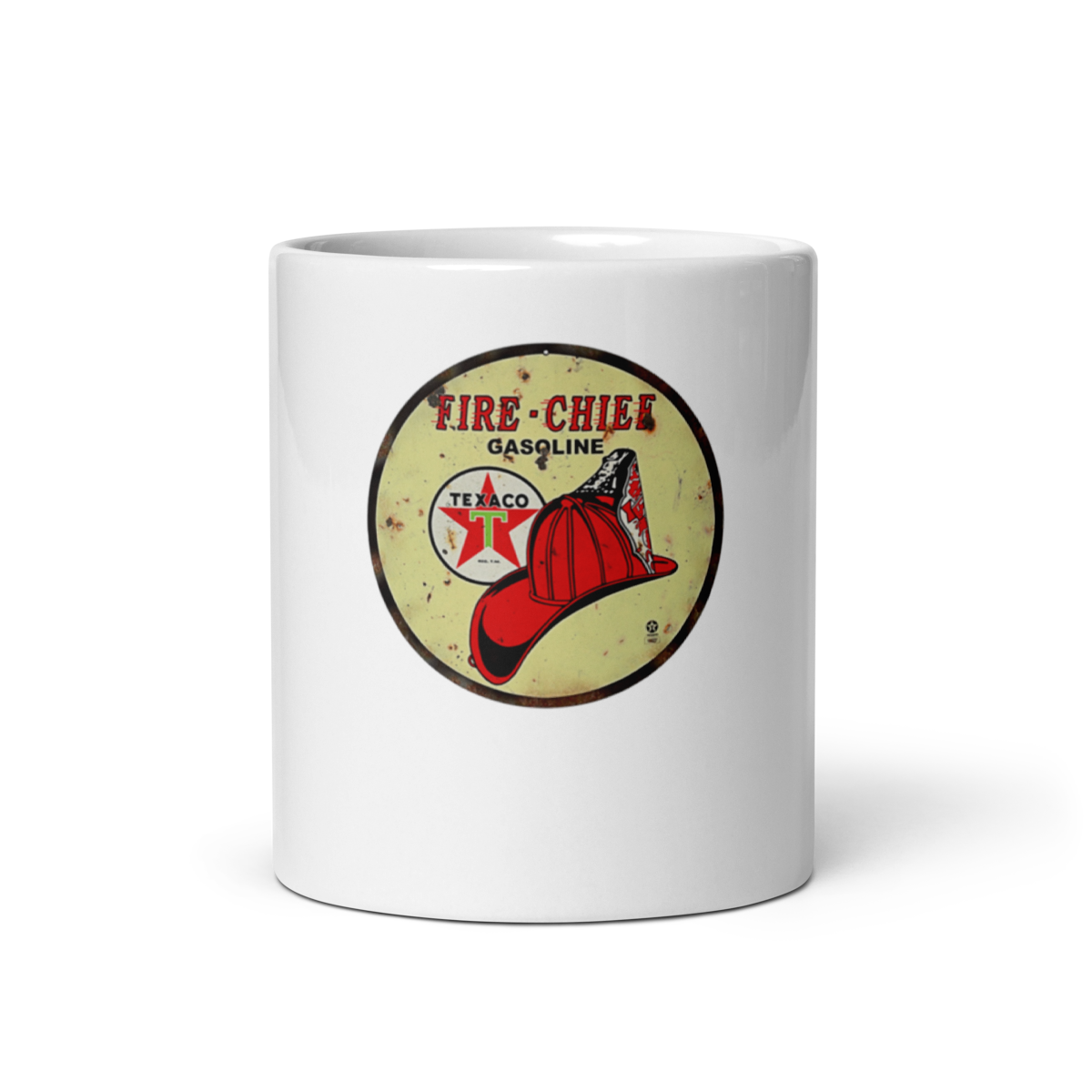 Fire Chief Vintage Gas and Oil T-Shirt — Muncle Mikes white coffee mug front view — 11 oz