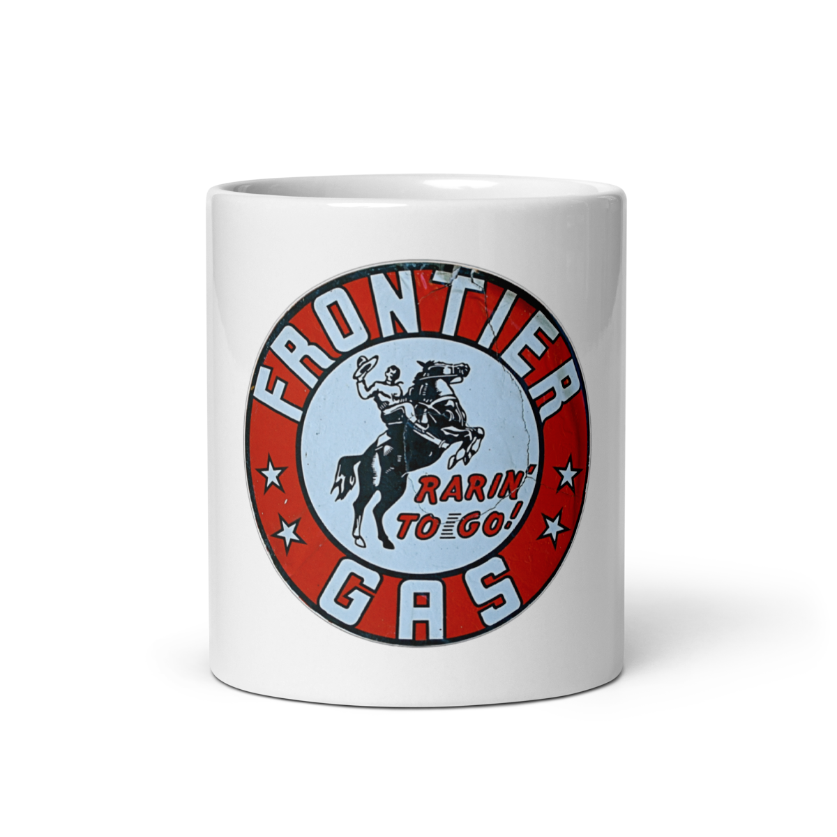 Frontier Gas Vintage Gas and Oil T-Shirt — Muncle Mikes white coffee mug front view — 11 oz
