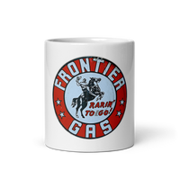 Frontier Gas Vintage Gas and Oil T-Shirt — Muncle Mikes white coffee mug front view — 11 oz