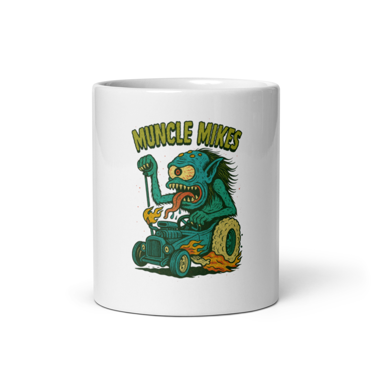 Hot Rods and Monsters 002 T-Shirt — Muncle Mikes white coffee mug front view — 11 oz
