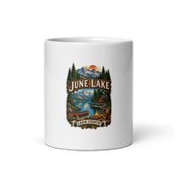 June Lake Cabin Enamel Camping Mug – Eastern Sierra Gift white coffee mug front view — 11 oz