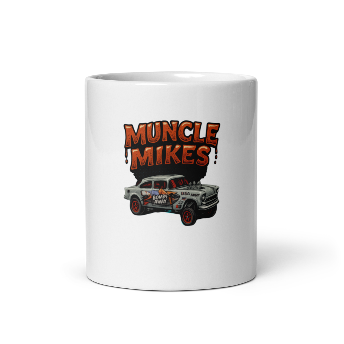 Muncle Mikes Hot Rod and Rat Rod Shirt Mayhem! Bombs Away Gasser white coffee mug front view — 11 oz