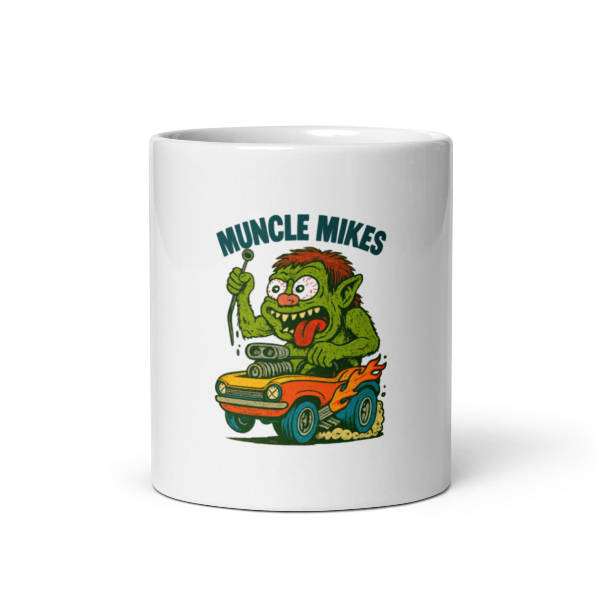 Muncle Mikes Hot Rod and Rat Rod Shirt Mayhem! Monster Rods! (004) white coffee mug front view — 11 oz