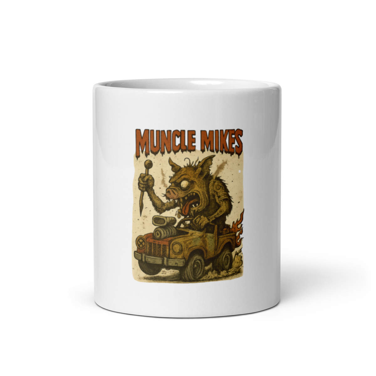 Muncle Mikes Hot Rod and Rat Rod Shirt Mayhem! Monster Rods! (008) white coffee mug front view — 11 oz