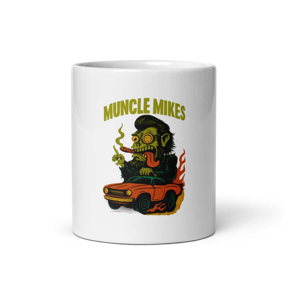 Muncle Mikes Hot Rod and Rat Rod Shirt Mayhem! Monster Rods! (013) white coffee mug front view — 11 oz