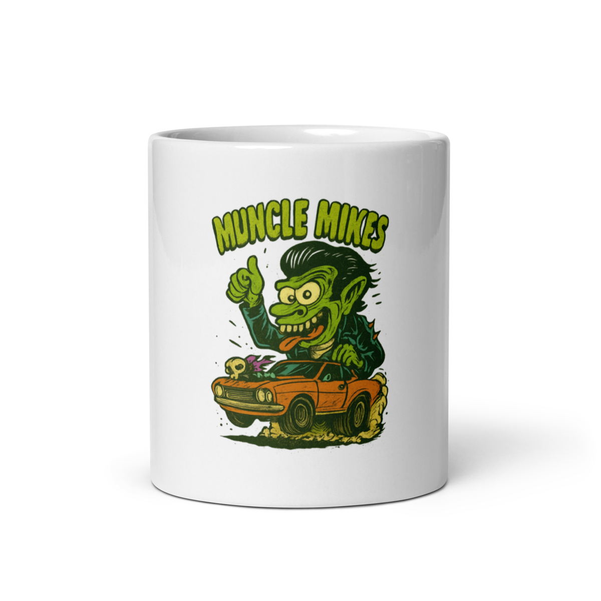 Muncle Mikes Hot Rod and Rat Rod Shirt Mayhem! Monster Rods! (011) white coffee mug front view — 11 oz