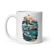 Cast Beyond the Break surf-fishing mug, 11 oz handle on left