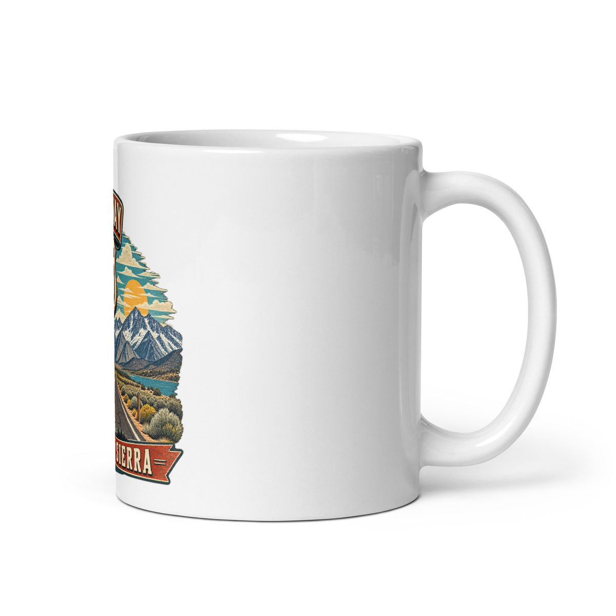 Highway 395 Eastern Sierra mug, 11 oz mockup with handle on right