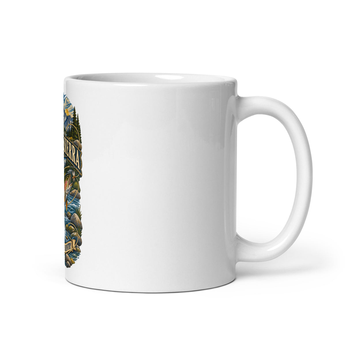Eastern Sierra Fly Fishing ceramic mug, 11 oz mockup with handle on right