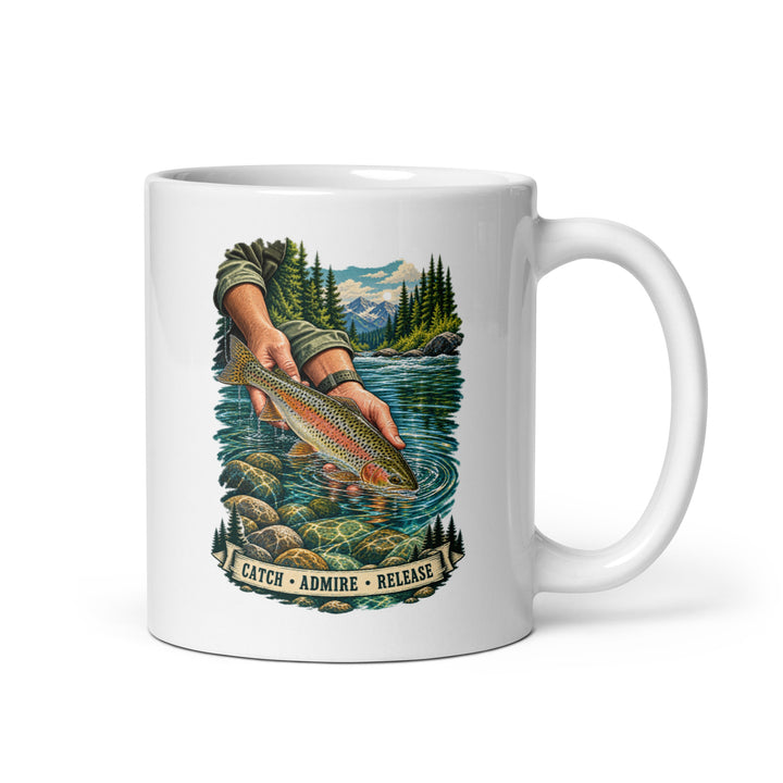 Catch, Admire, Release trout fishing mug, 11 oz handle on right