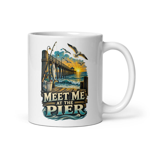 Meet Me at the Pier coastal mug, 11 oz handle on right