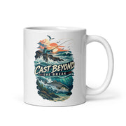 Cast Beyond the Break surf-fishing mug, 11 oz handle on right