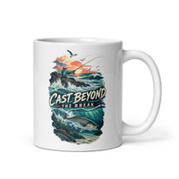 Cast Beyond the Break surf-fishing mug, 11 oz handle on right