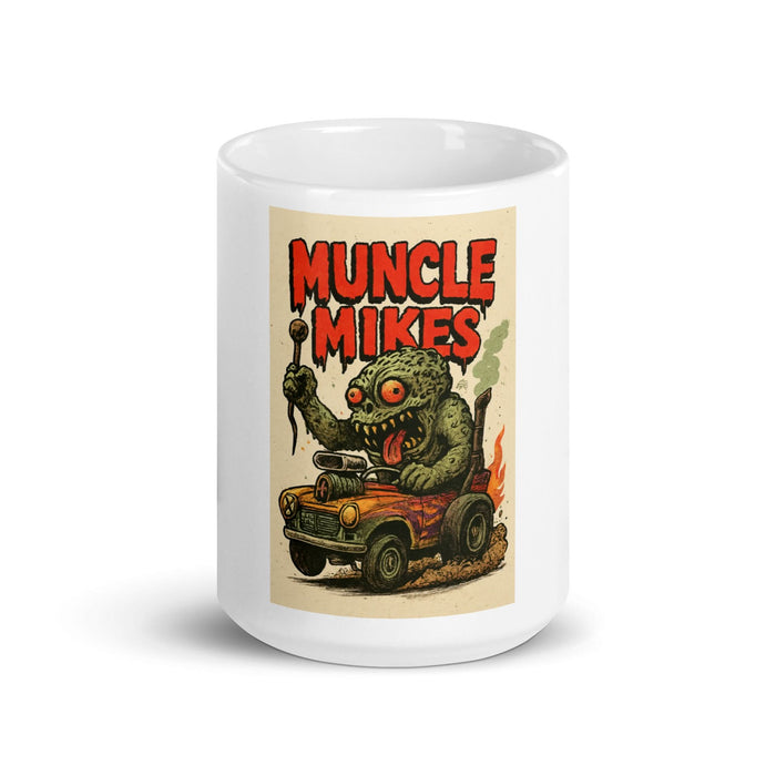 Front view of white 15 oz Monster Mugs 009 ceramic coffee mug