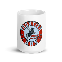 Frontier Gas Vintage Gas and Oil T-Shirt — Muncle Mikes white coffee mug front view — 15 oz