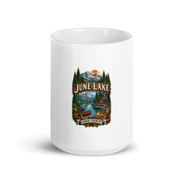 June Lake Cabin Enamel Camping Mug – Eastern Sierra Gift white coffee mug front view — 15 oz