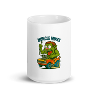 Muncle Mikes Hot Rod and Rat Rod Shirt Mayhem! Monster Rods! (004) white coffee mug front view — 15 oz