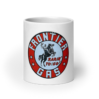 Frontier Gas Vintage Gas and Oil T-Shirt — Muncle Mikes white coffee mug front view — 20 oz