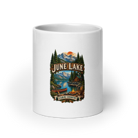 June Lake Cabin Enamel Camping Mug – Eastern Sierra Gift white coffee mug front view — 20 oz