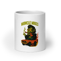 Muncle Mikes Hot Rod and Rat Rod Shirt Mayhem! Monster Rods! (013) white coffee mug front view — 20 oz