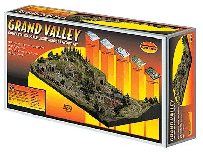 Woodland Scenics ST1483 Grand Valley HO layout kit box; completed layout illustration includes separately sold trains, track and buildings