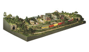 Woodland Scenics ST1484 River Pass HO layout kit - finished example with separately sold scenery, buildings, track and train