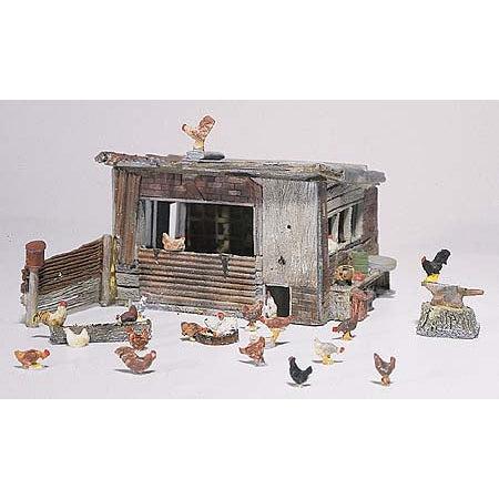 Woodland Scenics D215 actual painted assembled HO chicken coop kit example; assembly and painting required