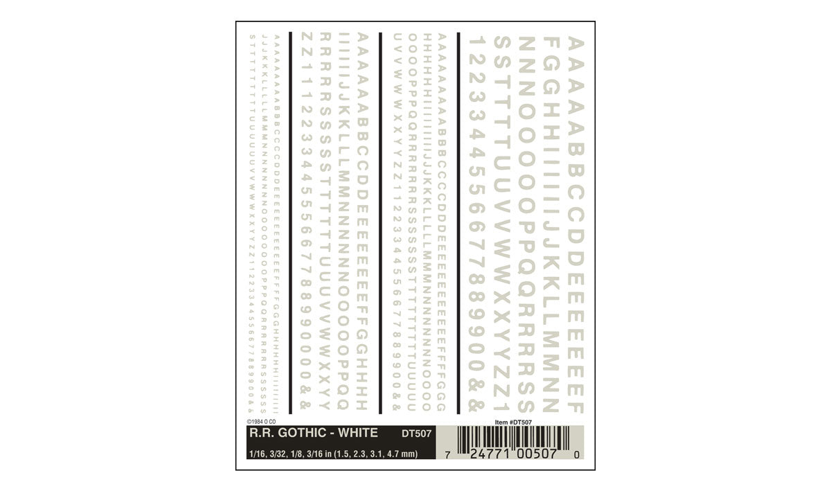 Woodland Scenics DT507 Railroad Gothic White dry transfer lettering sheet