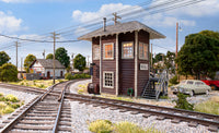 Woodland Scenics BR5074 HO Interlocking Tower beside model railroad tracks