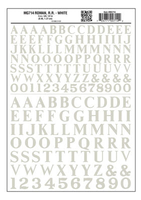 Woodland Scenics 714 Railroad Roman White Dry Transfer Alphabet & Numbers 3/8 & 1/2 in - product image