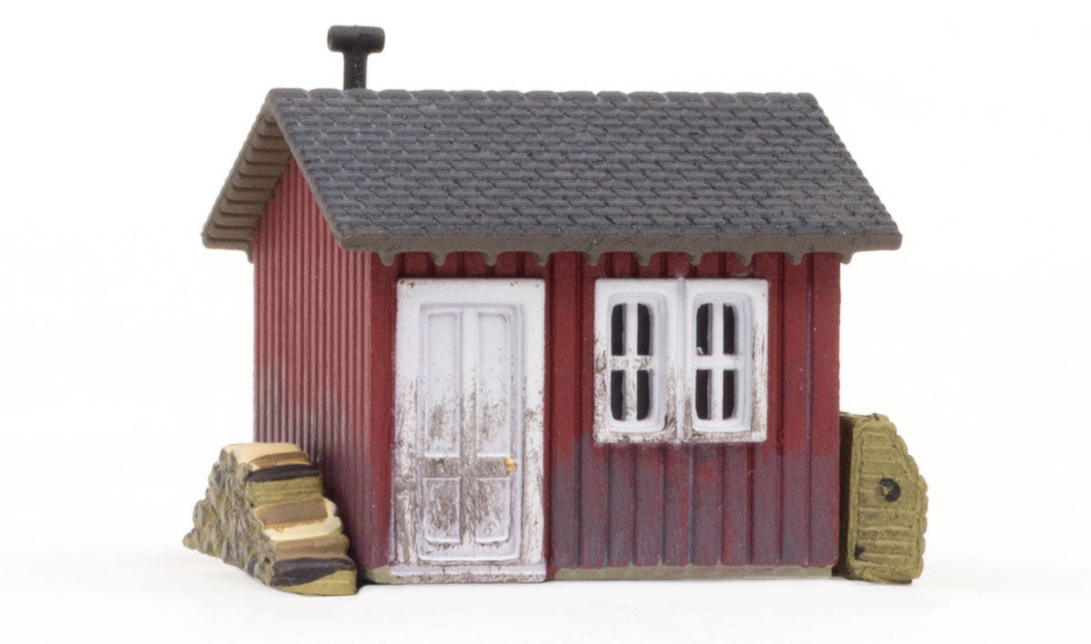 Woodland Scenics BR4947 Work Shed, N scale, front view.
