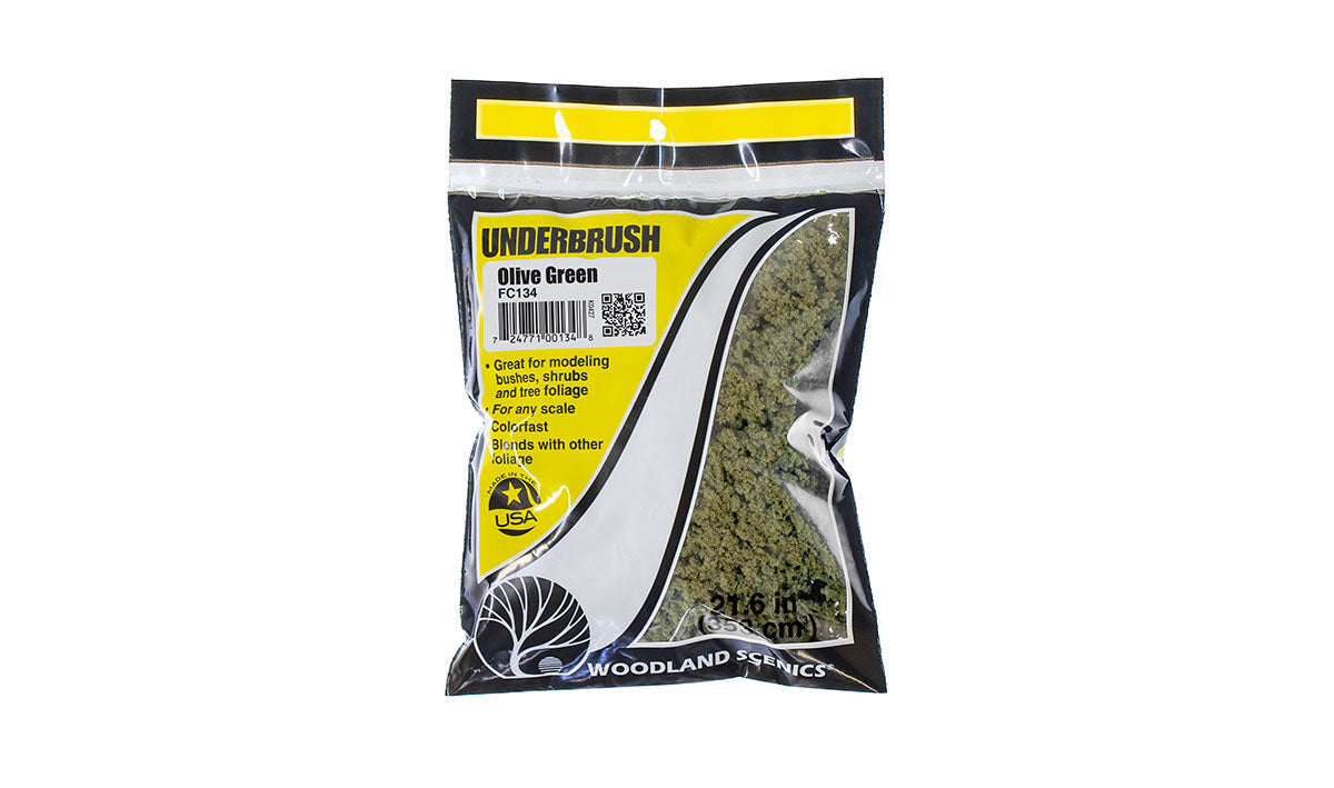 Woodland Scenics FC134 Olive Green Underbrush, retail bag.