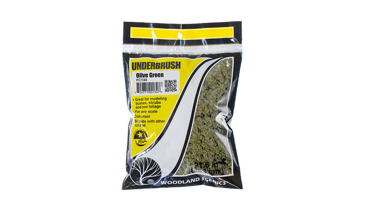 Woodland Scenics FC134 Olive Green Underbrush, retail bag.