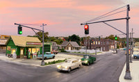 Woodland Scenics JP5637 Just Plug Mast Arm Traffic Lights N Scale — 4 Lights application photograph, scenery sold separately