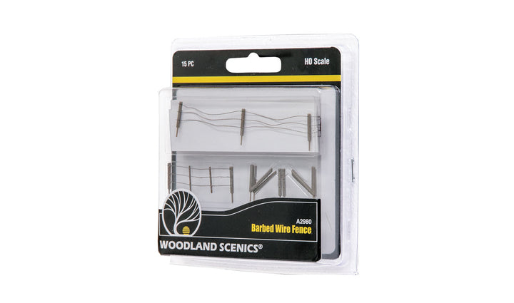 Woodland Scenics A2980 HO scale Barbed Wire Fence, 15-piece retail package.