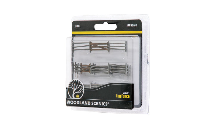 Woodland Scenics A2981 HO scale Log Fence, eight-piece retail package.
